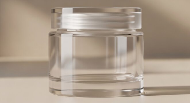 Clear empty cosmetic jar on soft neutral background, ideal for skincare packaging and beauty branding mockup.