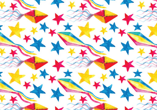 Watercolor pattern with colorful kites and stars on a white background high quality professional