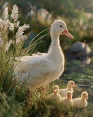 Obraz premium Duck Family by the Water's Edge: A heartwarming scene unfolds as a proud duck stands guard over her fluffy ducklings, basking in the soft sunlight near the serene water.