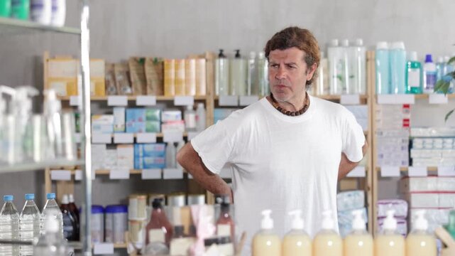 Adult man is standing in a pharmacy with back pain, he came for pills and ointment for lower back and joint pain. High quality 4k footage
