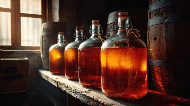 Glass demijohns with amber liquid in a rustic cellar setting