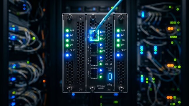 Network fiber optic cable connected to a server data interface module