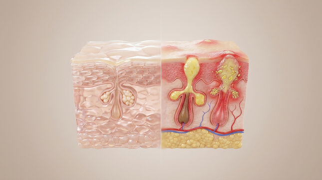 Healthy skin barrier vs acne inflammation comparison showing clear skin and inflamed skin with clogged pores and pus buildup in detailed 3D medical illustration