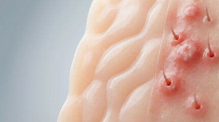 Fototapeta premium Healthy skin barrier vs acne inflammation concept showing close up of skin with red inflamed acne and smooth healthy skin side by side in detailed macro view