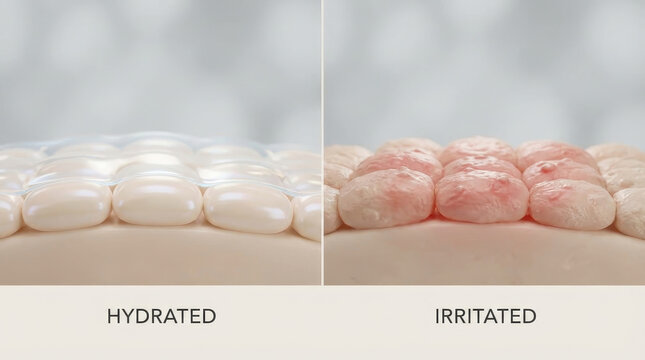 Healthy skin barrier vs acne inflammation concept showing hydrated skin cells on left and irritated skin cells on right with redness and swelling