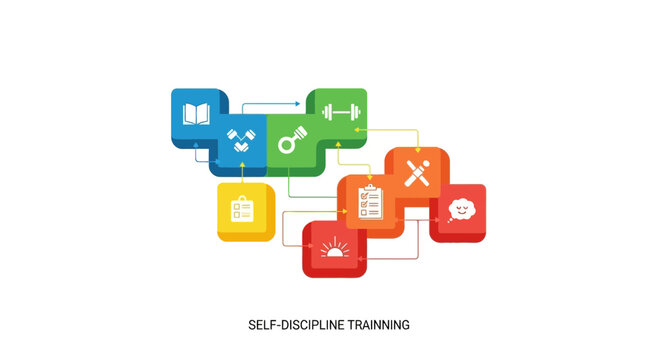 Self-discipline training icons, colorful motivation symbols, productivity vector graphics, personal development concepts