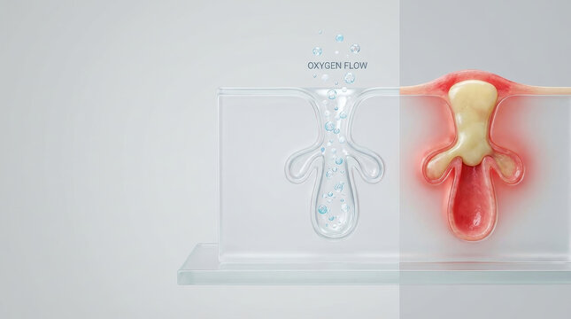 Healthy skin barrier vs acne inflammation concept showing oxygen flow to clogged pore with pus and redness for skincare treatment and prevention