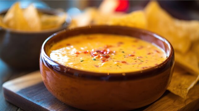Bowl of creamy melted cheese dip with tortilla chips