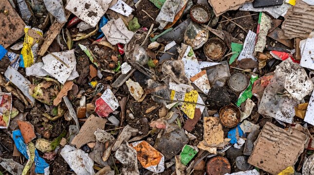 A chaotic and detailed overhead view of a pile of mixed garbage and debris including plastic wrappers, paper scraps, bottle caps, and organic waste