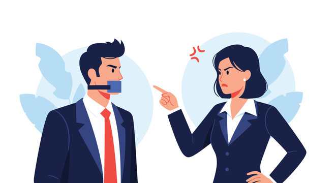 Angry business woman points her finger at a man in a suit whose mouth is sealed with blue tape representing censorship or workplace silence.