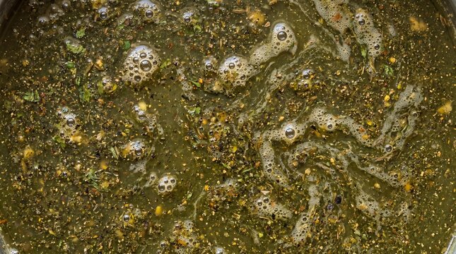 A swirling vortex of murky green liquid filled with tiny particles of herbs and spices creating a textured and abstract background with bubbling effervescence