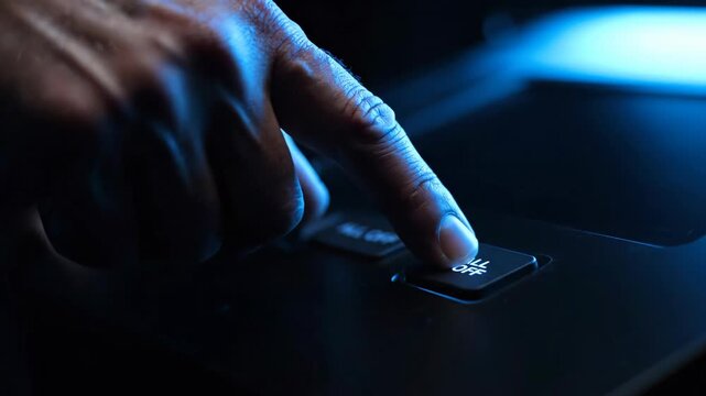 A finger presses the power off button with dramatic blue lighting and a mood of finality