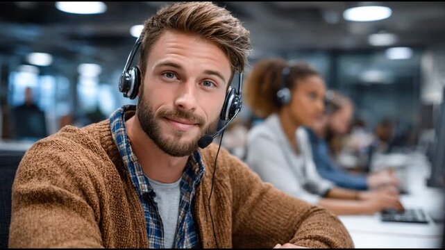 Customer Support Confidence, focused individual, adorned with a headset, exudes confidence within a vibrant, collaborative work environment. Reflecting dedication and competence.