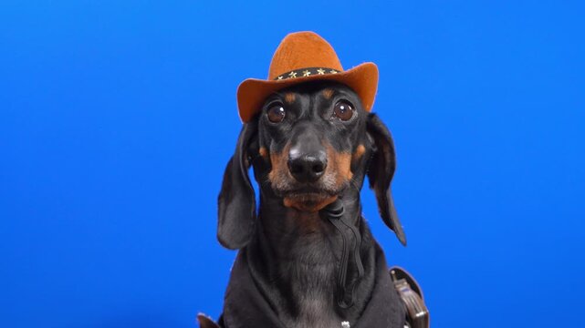 Funny black dachshund dog wearing brown cowboy hat with star decoration on bright blue studio background, western pet concept, american country style portrait.
