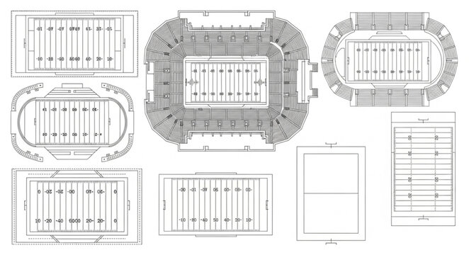 Architectural plans for swimming pools and stadiums.