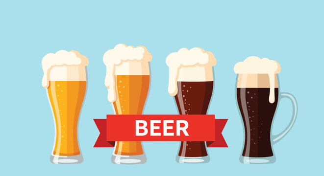 Variety of four beer glasses filled with different brews and thick foam heads are showcased behind a red ribbon banner.