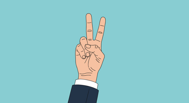 Close-up of a hand in a formal suit sleeve making the peace or victory sign with two fingers raised against a blue background.
