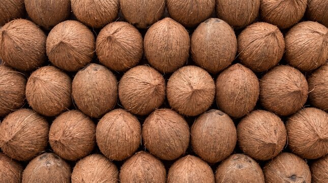 A tightly packed wall of whole brown coconuts with textured husks, displaying a natural organic pattern and earthy tones, tropical themes