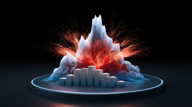 A 3D digital visualization of a mountain erupting with glowing red and orange sparks, surrounded by a circular base with bar and pie chart elements.