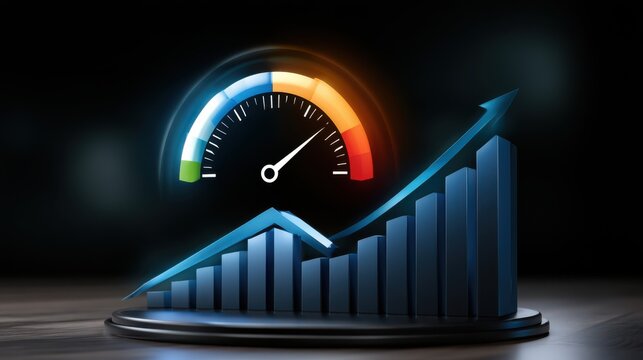 A 3D bar chart with an upward arrow and a colorful speedometer gauge indicating growth and increasing performance metrics.