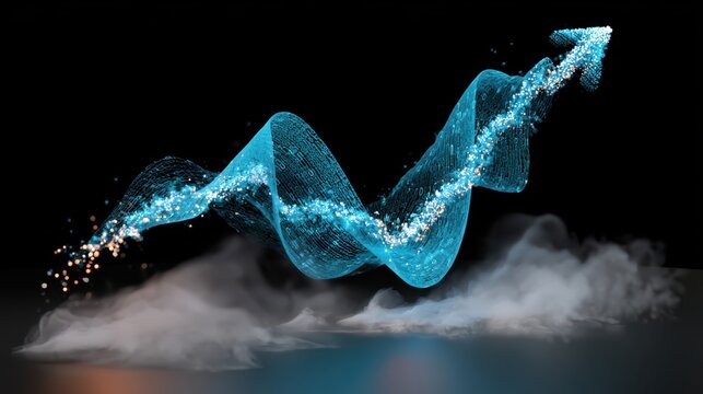 A glowing blue arrow spirals upward above a smoky surface, symbolizing growth and progress in a futuristic and dynamic style.