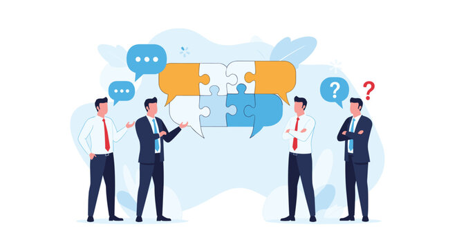 Team of four professional businessmen discuss ideas using speech bubbles that contain interlocking puzzle pieces to show unity.