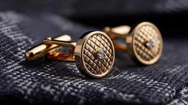Pair of gold cufflinks with diamonds on grey plaid fabric