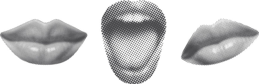 Abstract halftone mouth set with lips and tongue in black and white dot texture. Pop art inspired open mouth collage elements for posters branding and modern editorial design. High contrast vector sty