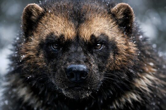 Fierce close up portrait of a wild wolverine with dark fur and intense eyes standing in the snow. High resolution digital illustration suitable for arctic animal profiles and nature magazines.