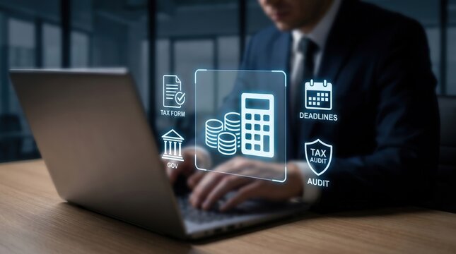 Tax Law and Legal Compliance Concept: Lawyer on Laptop with Holographic Tax Forms, Audit Shield, Government Compliance, and Financial Data Icons