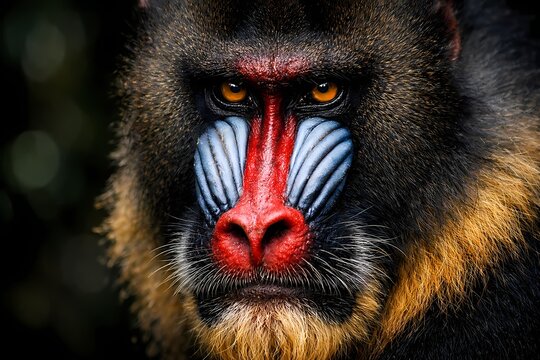 Vibrant close up portrait of a male mandrill displaying striking colorful red and blue facial markings. High resolution digital illustration ideal for exotic animal sites and primate magazines.
