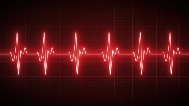 Red electrocardiogram pulse glowing on dark grid background, symbolizing life, health, energy, and heartbeat rhythm in medical technology motion.