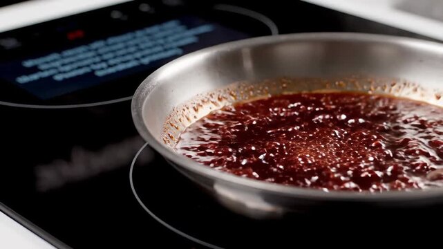 A dark sauce simmers in a pan on an induction cooktop while a digital display shows cooking instructions