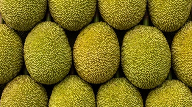 Abundant green jackfruits are artfully arranged in a dense, repeating pattern, highlighting their distinctive bumpy texture and vibrant, natural green hue