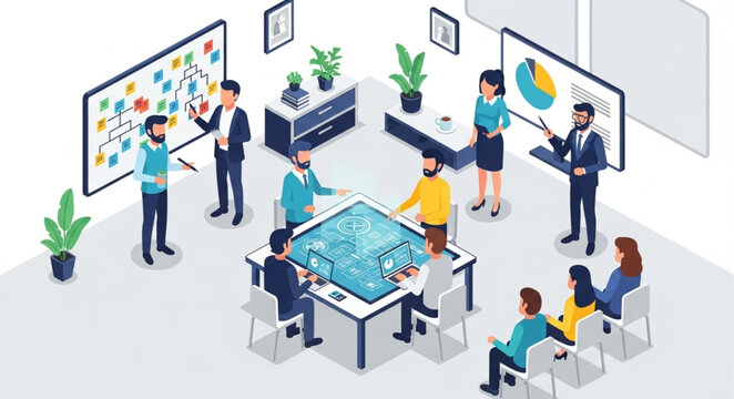 Diverse team collaborating in a modern office meeting room.