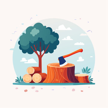 Illustration of an axe in a tree stump with logs and a tree