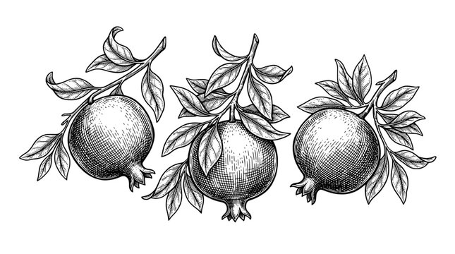 Pomegranate fruit botanical line art with thin black stems, leaves, and detailed engraved texture, hand-drawn style sketch for packaging, decor, and