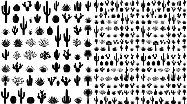Cactus icons pattern with repeating silhouettes, line art and botanical motifs on a dotted background for seamless wallpaper and creative design