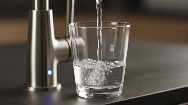Clear water pouring from a modern faucet into a glass while refreshing and healthy.