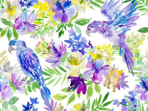 Watercolor floral seamless pattern with abstract hand painted purple and white hibiscus, parrots snd tropical flowers and leaves on a transparent background for fabric, wall paper and interior design
