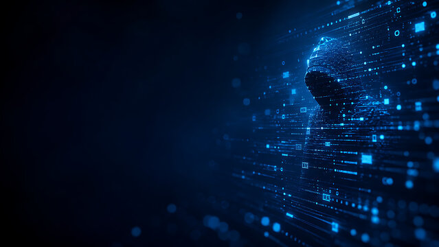 Digital security concept featuring an anonymous hooded figure emerging from a matrix of glowing data