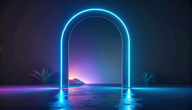 Neonboog met futuristische achtergrond