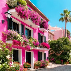 Fototapeta premium Bright Pink Building With Flowers in Pots in a Sunny Street