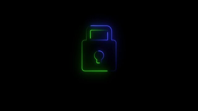 Combined Blue and Green Neon Glowing Line Padlock Icon Animation on Dark Background for Multi Layered Cyber Security and Advanced Encryption Technology Infrastructure