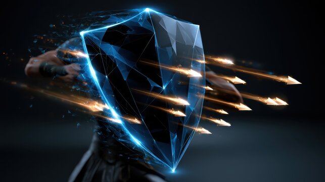 A futuristic shield deflects multiple fiery arrows, symbolizing protection and resilience in a digital or virtual environment.