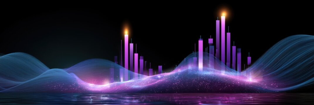 A vibrant digital graph with glowing bars and waveforms against a dark background, symbolizing data analytics and financial trends.