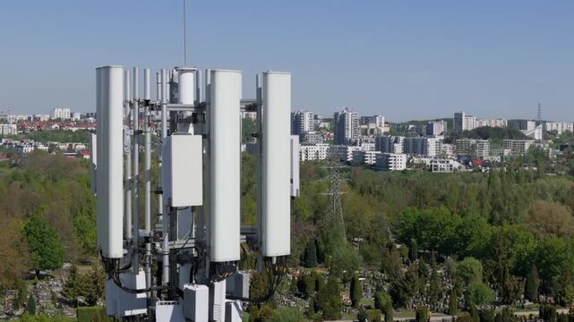 Close-up of 6G Telecommunication Antennas on Cellular Tower, Concept of High-Speed Wireless Network, Next Generation Digital Infrastructure and Smart City Connectivity