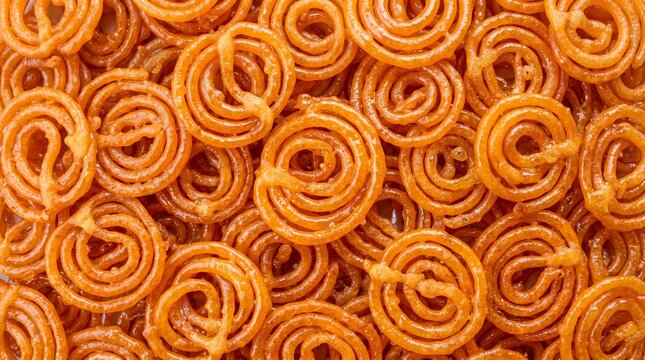 Overhead close-up of a textured surface filled with numerous golden-orange fried spiral-shaped Indian jalebi desserts glistening with sweet syrup