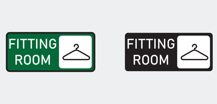 A modern, minimalist fitting room icon featuring a solid black silhouette of a clothes hanger holding a dress, set against a crisp white background.