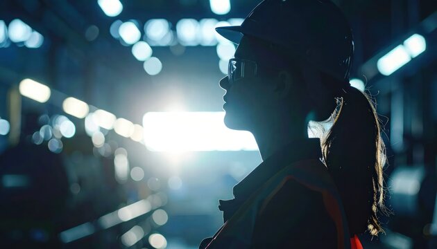Silhouetted Female Industrial Worker Wearing Hard Hat in Dim Factory